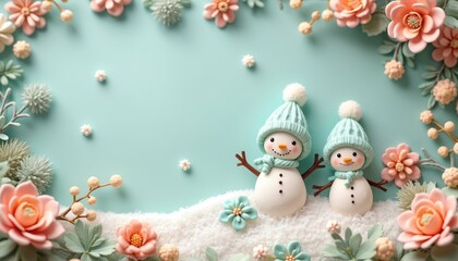 Winter scene with snowmen, pastel flowers created from polymer clay. Handmade snowmen figures wearing hats stand in snowy pastel winter floral composition with snowflakes around. Winter holidays