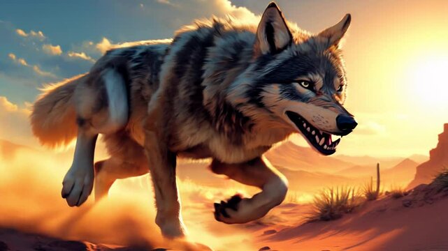 Wolf Running Against a Canyon Backdrop


