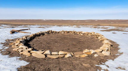 Circular prehistoric structure built from mammoth bones, an ancient architectural wonder reflecting early human ingenuity and survival strategies.
