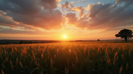 Golden Sunset Over a Vast Wheat Field with a Vibrant Orange Sky
