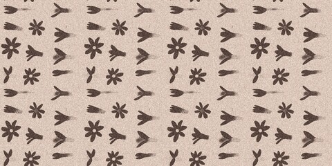 Mocha brown linen floral patterns seamless patterns border design. Endless textured flower graphic ribbon edge. Mottled soft natural calm mood for cottage core banners.