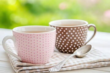 Warm tea setting featuring polka-dotted pink and brown ceramic cups, a vintage silver spoon, and an old-fashioned napkin in a cozy environment