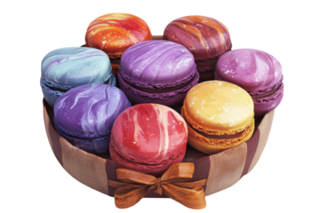 Colorful macarons arranged in a decorative box with a bow, showcasing vibrant hues and unique patterns