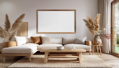 Scandinavian Farmhouse Living Room with Horizontal Wooden Frame Mockup in 3D Render Embracing Warmth and Rustic Charm in a Serene Scandinavian Setting