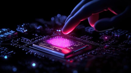 Fingertip touching illuminated central processing unit on circuit board.