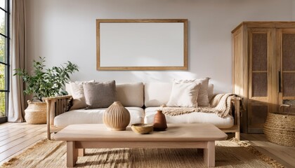 Scandinavian Farmhouse Charm A Cozy Wooden Frame Mockup in a Warm Inviting Living Room Interior, Perfect for Home Decor or Digital Art.