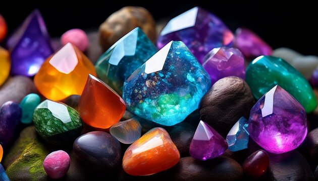 gemstones on a black colorful and magical stones background generative ai