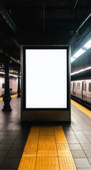 Empty subway platform with illuminated blank billboard, surrounded by tiled walls and fluorescent lights, creating an eerie urban atmosphere. 
