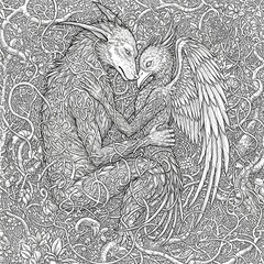 Naklejka premium Where darkness dances with wonder. Explore a world of strange beasts and hidden magic in this captivating coloring book page.