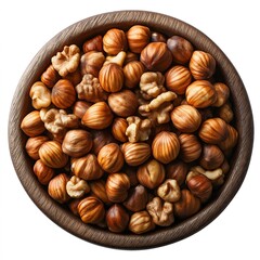 Fototapeta premium Wooden bowl full of hazelnuts and walnuts