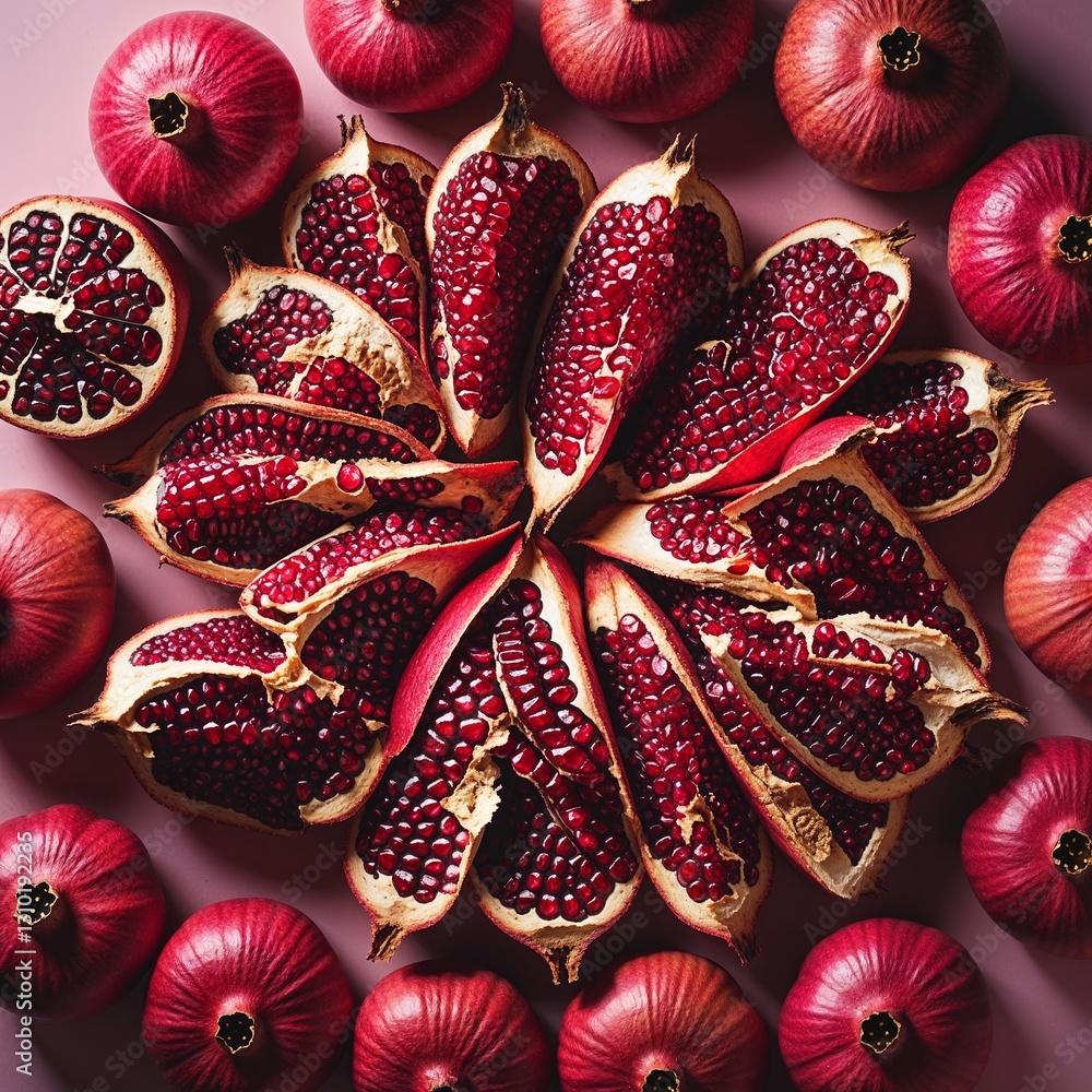 Poster pomegranates arranged in a circular pattern with halved fruit showcasing vibrant red seeds on a ligh