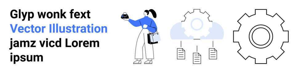 Person holding data icon next to cloud gear and documents, representing technology, cloud computing, data storage, innovation, research, workflow, system integration. Ideal for technology visuals