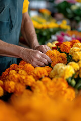 Florist carefully arranging a bouquet of fresh orange and yellow marigold flowers, working at a vibrant flower shop, showcasing expertise and passion for floral design