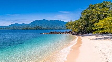 Pristine tropical beach with turquoise water, lush jungle, and mountains