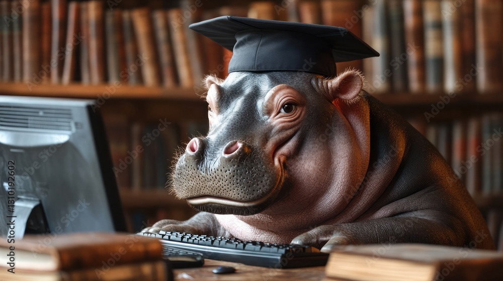 Poster Smiling hippopotamus in graduation cap using computer in library.