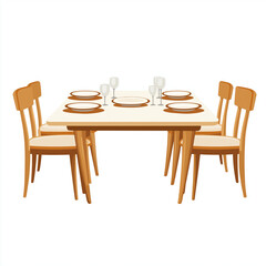 A formal dining table with six wooden chairs, complete with a full dinner setup of plates, glasses, and cutlery, perfect for gatherings