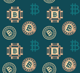 Simple seamless pattern, graphic symbols of bitcoin on flat background, vector illustration