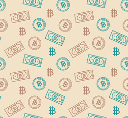 Simple seamless pattern, graphic symbols of bitcoin on flat background, vector illustration