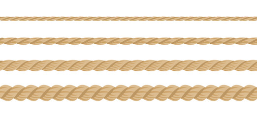 Seamless ropes of different thickness. Set of hemp or cotton cords isolated on white background. Vector cartoon flat illustration.