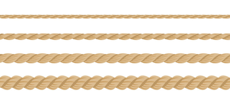 Seamless ropes of different thickness. Set of hemp or cotton cords isolated on white background. Vector cartoon flat illustration.