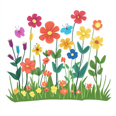 Obraz premium A vibrant flowerbed filled with colorful flowers, lush green leaves, and butterflies, creating a lively and cheerful garden scene