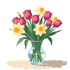 Obraz premium Vibrant Spring Bouquet of Tulips and Daffodils in Glass Vase, Minimalist Flat Color Illustration, Copy Space for Text
