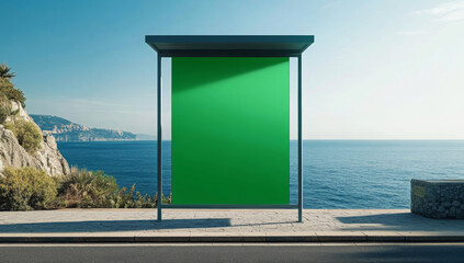 Outdoor advertising billboard with a green screen by the sea, set against a coastal landscape backdrop under a clear blue sky. 
