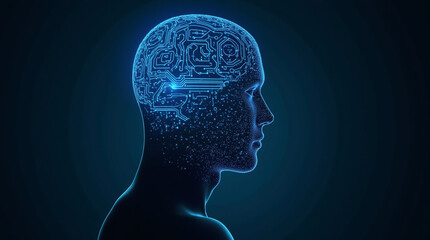 3D Abstract Human Head with a Glowing Brain in a Futuristic Blue Outline Style