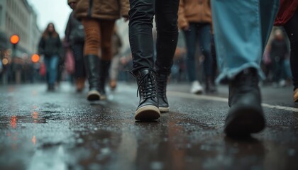 Fototapeta premium Close-up diverse women legs walking down city street. Group march on wet road in protest symbolizing movement, unity and women empowerment. Black boots and jeans march along street.