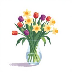 Vibrant Spring Tulip and Daffodil Bouquet, Minimalist Flat Color Illustration for Digital Backgrounds with Copy Space