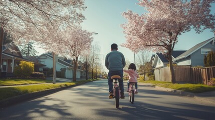 Father and daughter are riding bicycles on a residential street lined with blooming cherry blossom trees, enjoying a pleasant spring day together