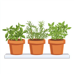 Three terracotta pots with fresh herbs, placed on a windowsill, getting natural sunlight, creating a vibrant and practical indoor garden