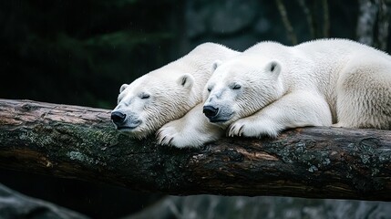  Two polar bears sleeping on a log in their zoo enclosure