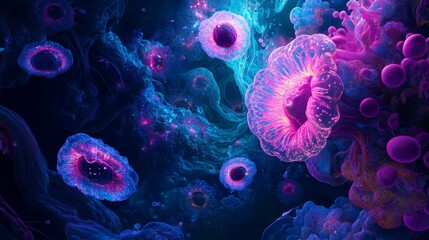 Abstract bioluminescent ocean creatures in vibrant underwater scene.