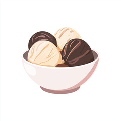 A bowl of chocolate and vanilla ice cream scoops, elegantly arranged for a rich and creamy frozen dessert experience