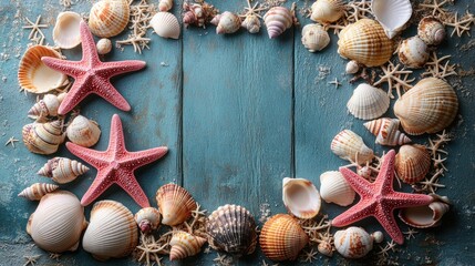 Seashells frame beach wood background (1)
