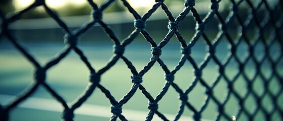 Naklejka premium Close-up Tennis Court Net, Outdoors, Sunset