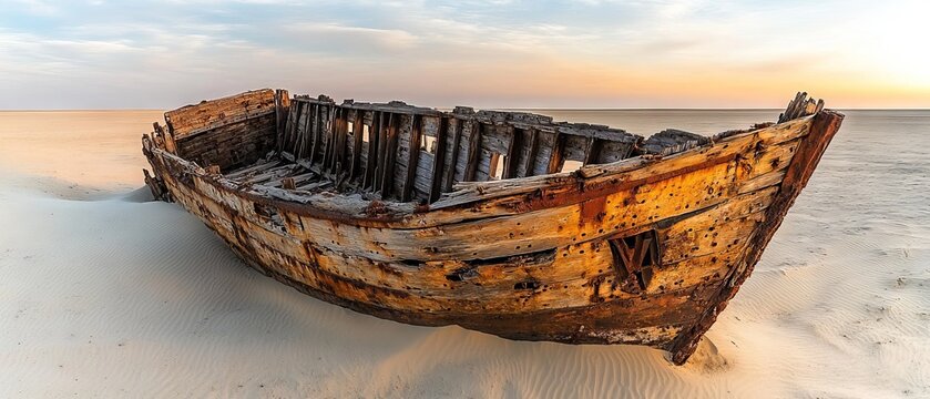 Rusting shipwreck on sandy beach at sunset