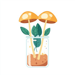 Two tall mushrooms growing in a glass jar with green leaves, symbolizing natural cultivation and organic farming.