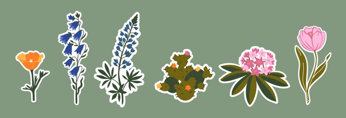 Digital stickers set with flowers. Vector illustration