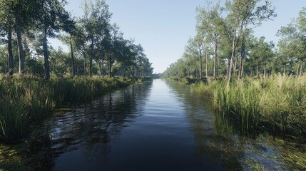 Tranquil waterway through a sunlit forest