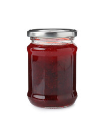 Delicious strawberry sauce in glass jar isolated on white