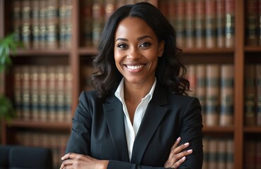 Portrait of african american female lawyer with arms crossed smiling at camera in law office. Confident, strong businesswoman. Bookcase, books behind, legal education. Successful justice concept.