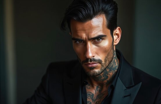 Portrait of tanned seductive man with tattoo on his neck wearing luxurious black suit. Attractive macho guy gazes intently. Charismatic italian billionaire boss looking seriously on camera.