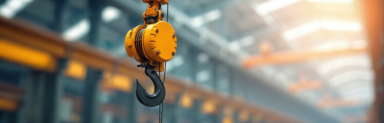 Modern warehouse interior with crane hook. Close-up heavy machinery in construction environment. Orange industrial equipment ensures project install, safe movement, reliable support, efficient