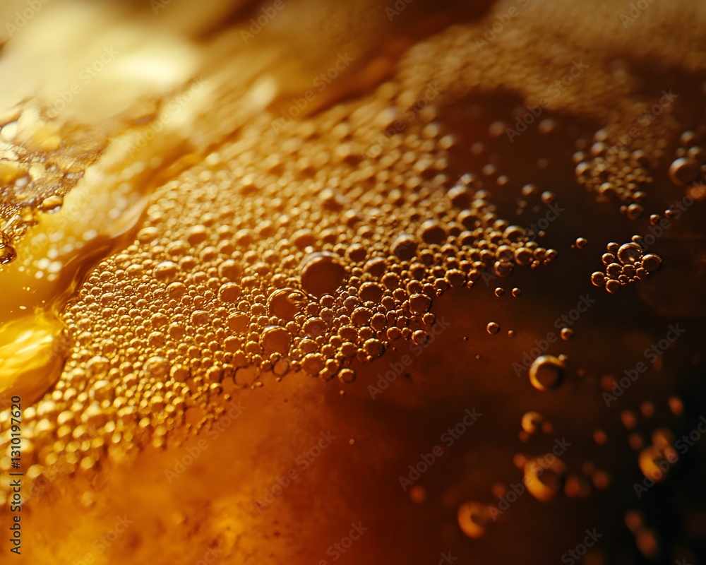 Poster close-up view of golden bubbles rising in a refreshing drink, creating a shimmering effect that capt