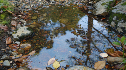 rainwater in puddles with beautiful reflections