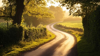 Obraz premium Tranquil Rural Road in Golden Hour with Copy Space