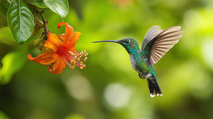 Obraz premium Hummingbird Feeding on Orange Flower, Natures Beauty, Vibrant Colors