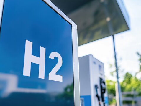 Close-up of H2 Symbol at Hydrogen Gas Station with Charging Pumps